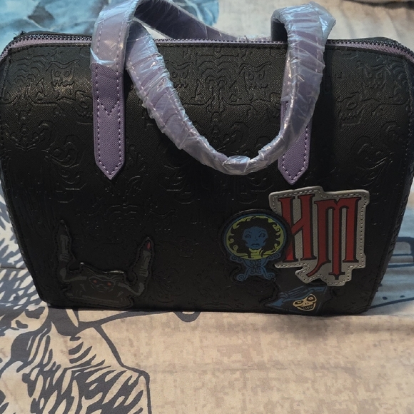 Loungefly Handbags - Haunted Mansion, Black Handbag with Purple Handles and Patches
